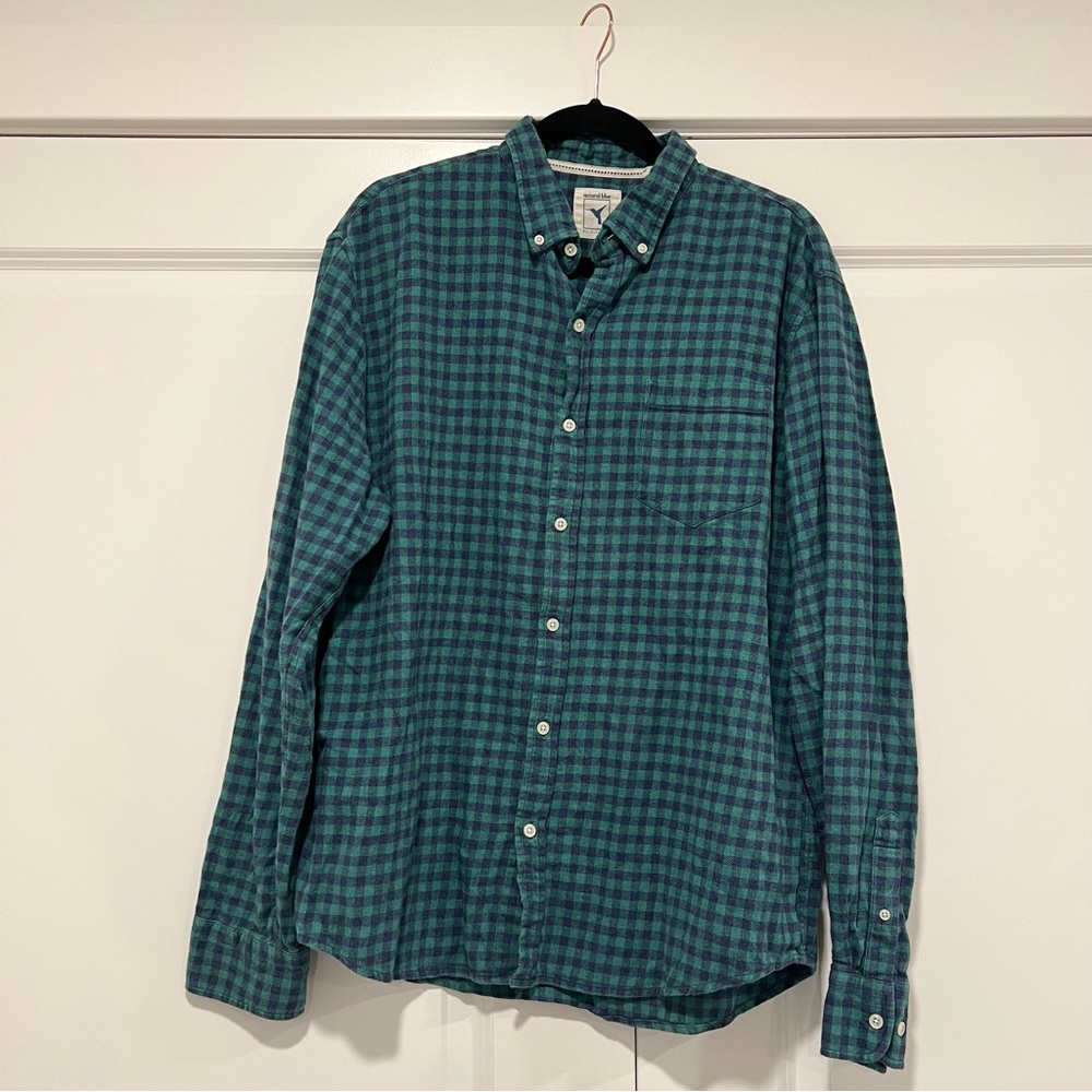 Natural Blue by Visitor Mens 100% Cotton Green & Blue‎ Flannel Button Down Sz XL